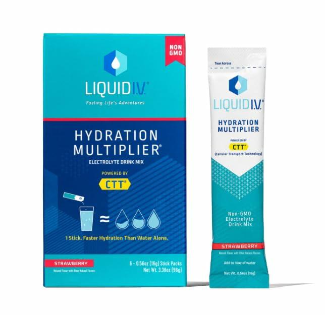 Liquid I.V. Strawberry Flavored Hydration Multiplier Electrolyte Drink Mix, 6 Counts, Non GMO, 3.39 Ounces (Pack of 1)