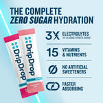 DripDrop Zero Sugar Plus - Sugar Free Hydration Packets - Single Serve Electrolytes Powder Drink Mix - Strawberry Kiwi, Peach, Cherry Limeade, Wild Berry - Non-GMO, Vegan - 16 Sticks