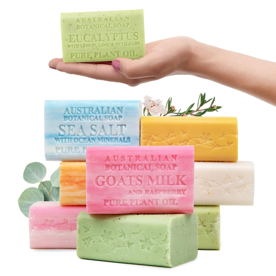 Australian Botanical Soap Variety Pack, 6.6 oz Bars  Goat Milk, Eucalyptus, Manuka Honey, Sea Salt, Pink Lychee, Lemongrass, Raspberry, Valencia Orange  Enriched with Organic Shea Butter, Pack of 8