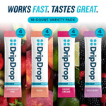 DripDrop Zero Sugar Plus - Sugar Free Hydration Packets - Single Serve Electrolytes Powder Drink Mix - Strawberry Kiwi, Peach, Cherry Limeade, Wild Berry - Non-GMO, Vegan - 16 Sticks
