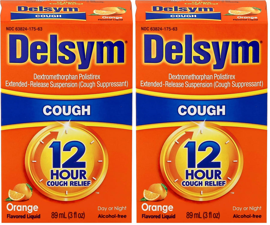 Delsym 12 Hour Cough Relief Liquid- Day Or Night, Orange Flavor Cough Medicine With Dextromethorphan Helps Quiet Cough By Suppressing Cough Reflex, 3 oz. (Pack of 2)