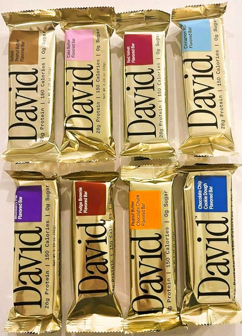 David Protein Bars 8 packs, Blueberry, Fudge Brownie, Peanut Butter Chunk, Chocolate Chips, Salted Peanut Butter, Cake Batter, Red Velvet, Cinnamon Roll