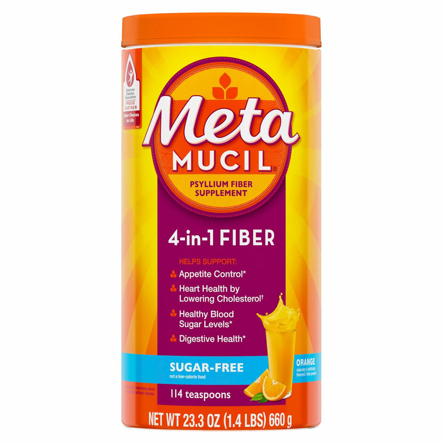 Metamucil 4-in-1 Psyllium Husk Fiber Supplement, Sugar-Free, 114 teaspoons, Orange Flavored, Daily Fiber Powder for Digestive Health, made with Plant-Based Psyllium Husk Fiber