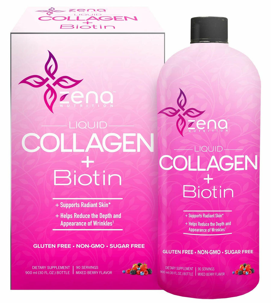 Zena Nutrition Liquid Collagen Peptides and Biotin, 2500mg Verisol Bioactive Collagen Peptides, 5000mcg Biotin, Hair, Skin, Nail Supplement for Women and Men, Mixed Berry, 90 Servings, 30 fl oz