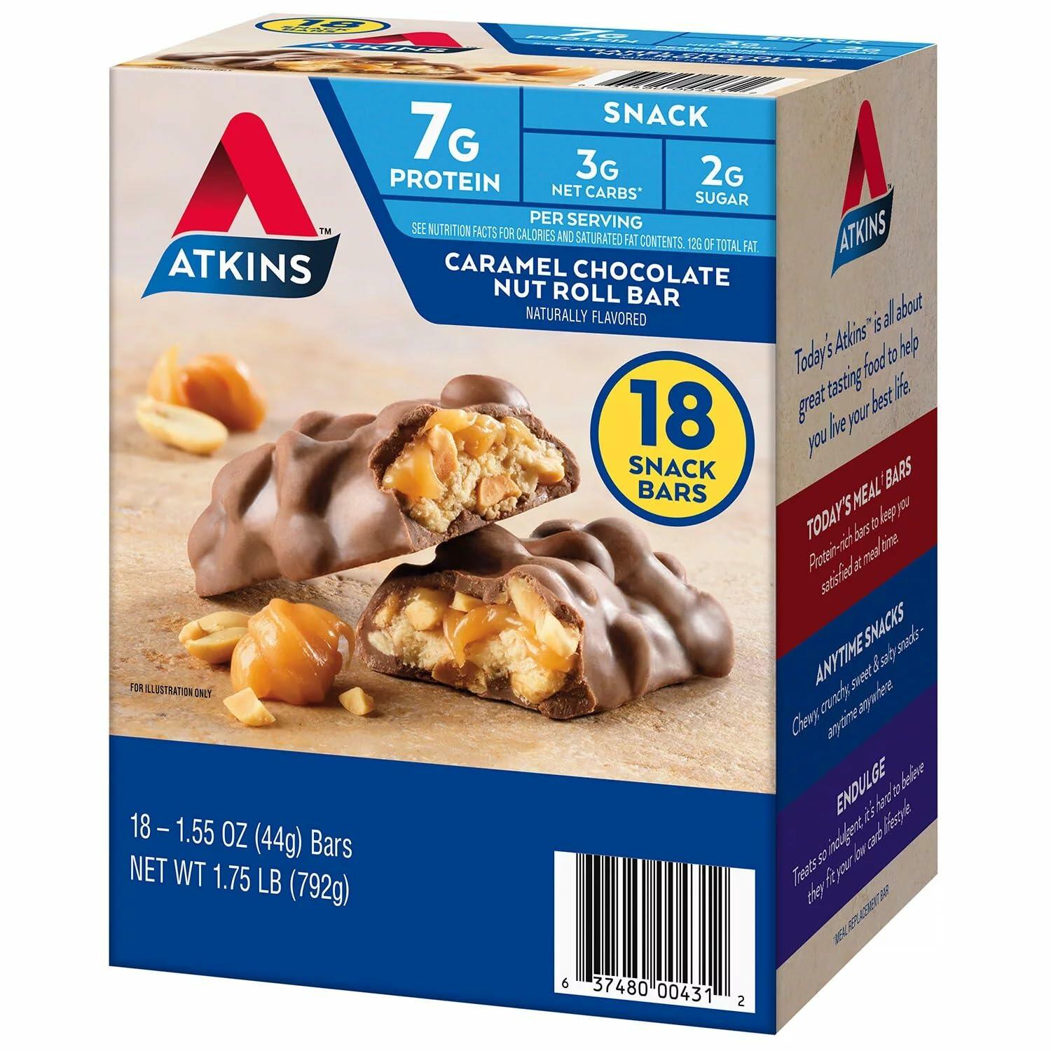 Atkins Caramel Chocolate Nut Roll Snack Bar, 1.55 Ounce (Pack of 18)