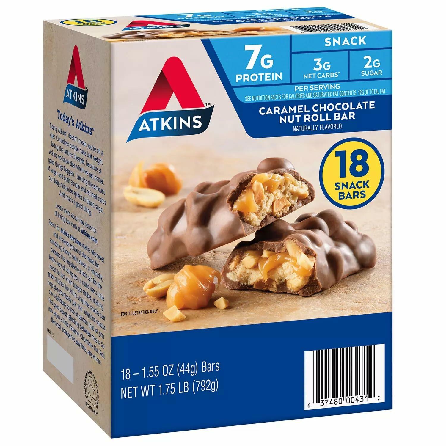 Atkins Caramel Chocolate Nut Roll Snack Bar, 1.55 Ounce (Pack of 18)