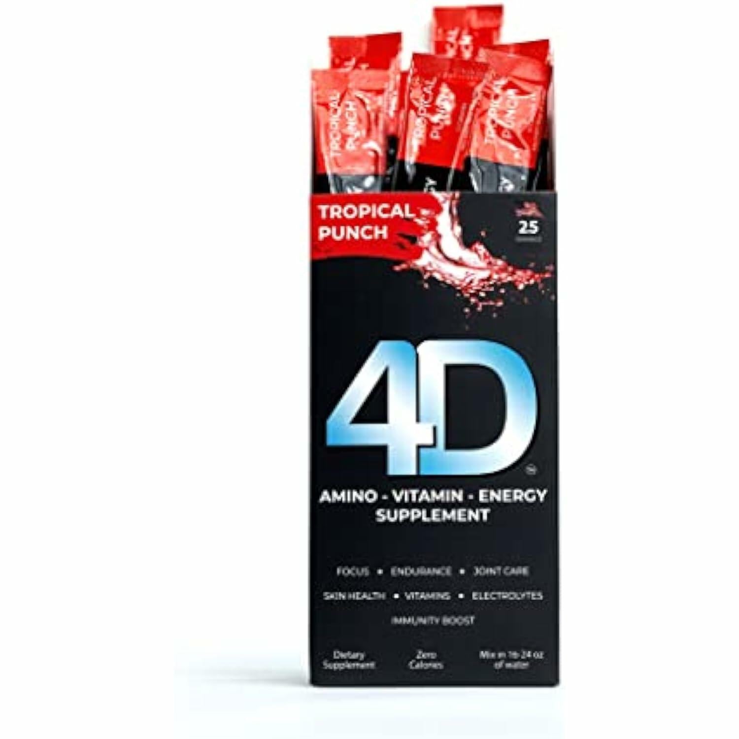 4D - Tropical Punch 25 Unit Box- Vitamins & Energy Powder Packets - Zero Calories & Sugars - Gluten Free, Non-GMO, Keto & Vegan Friendly