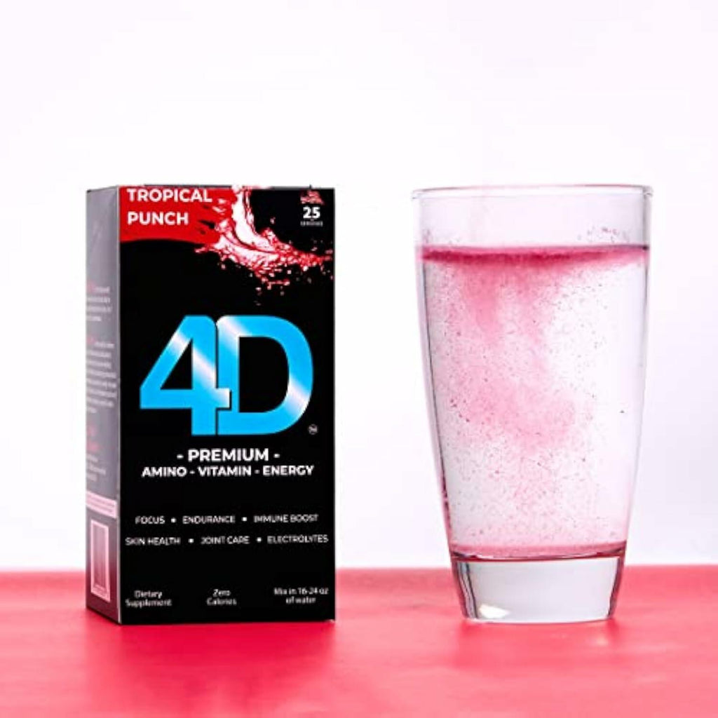 4D - Tropical Punch 25 Unit Box- Vitamins & Energy Powder Packets - Zero Calories & Sugars - Gluten Free, Non-GMO, Keto & Vegan Friendly