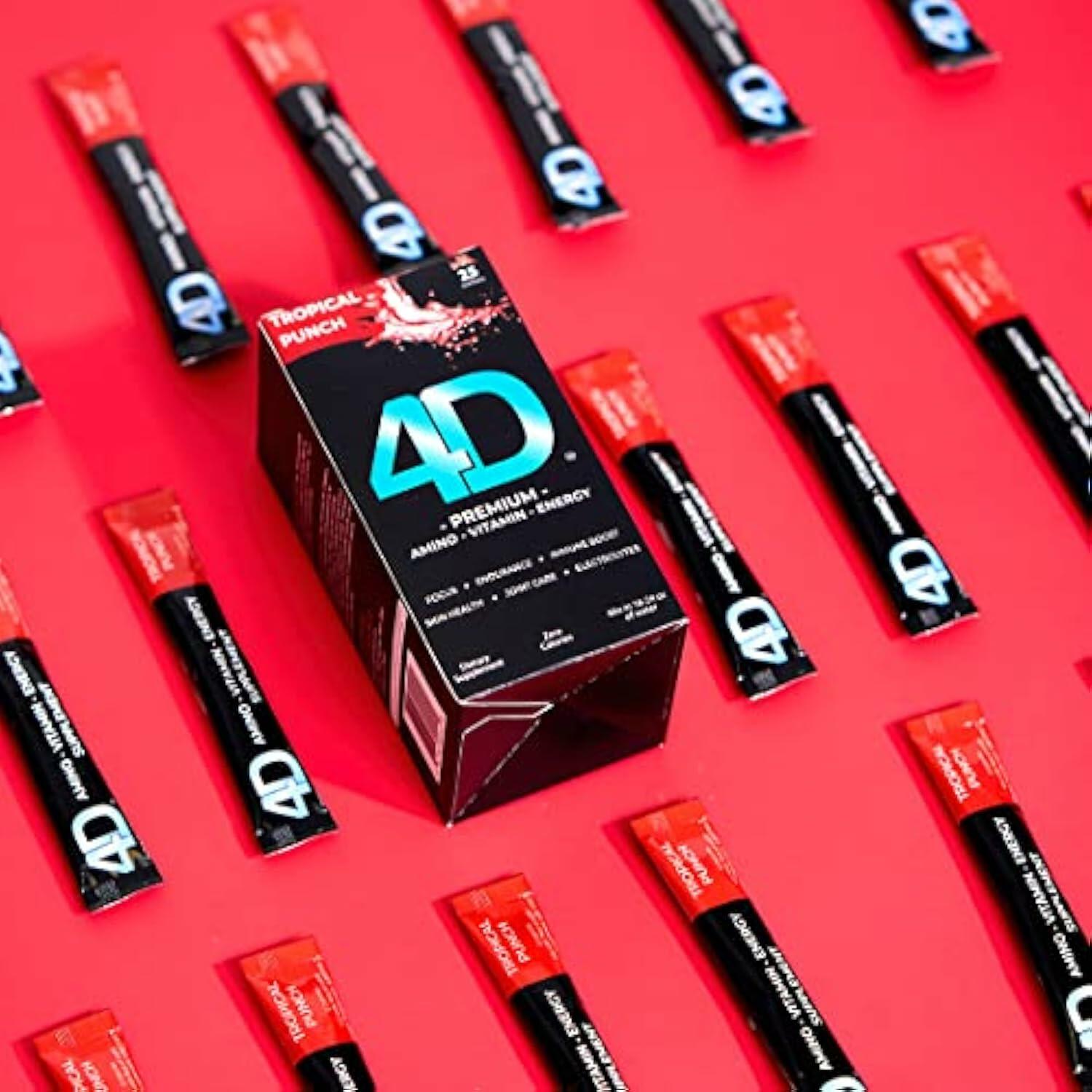 4D - Tropical Punch 25 Unit Box- Vitamins & Energy Powder Packets - Zero Calories & Sugars - Gluten Free, Non-GMO, Keto & Vegan Friendly