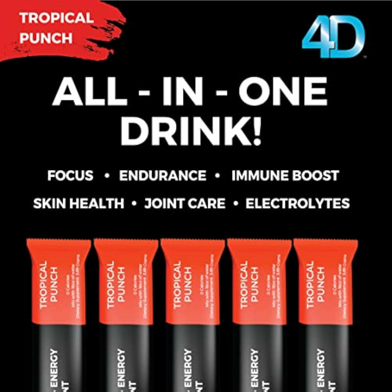 4D - Tropical Punch 25 Unit Box- Vitamins & Energy Powder Packets - Zero Calories & Sugars - Gluten Free, Non-GMO, Keto & Vegan Friendly