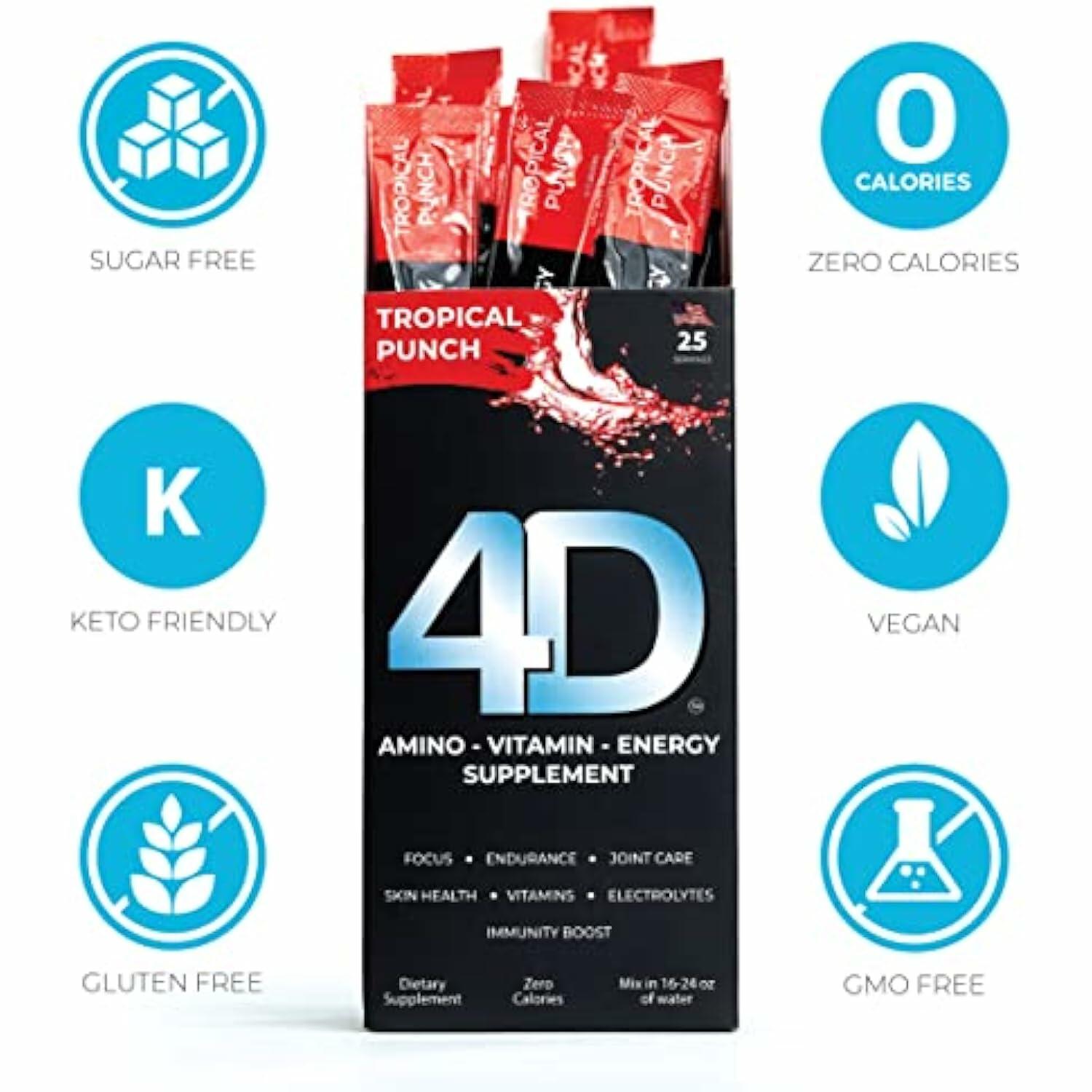 4D - Tropical Punch 25 Unit Box- Vitamins & Energy Powder Packets - Zero Calories & Sugars - Gluten Free, Non-GMO, Keto & Vegan Friendly
