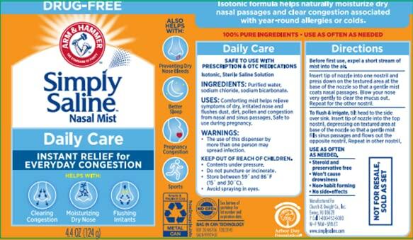 Arm & Hammer Simply Saline Daily Care Nasal Mist 4.4oz, Saline Nasal Spray, Drug-Free, 3-Pack