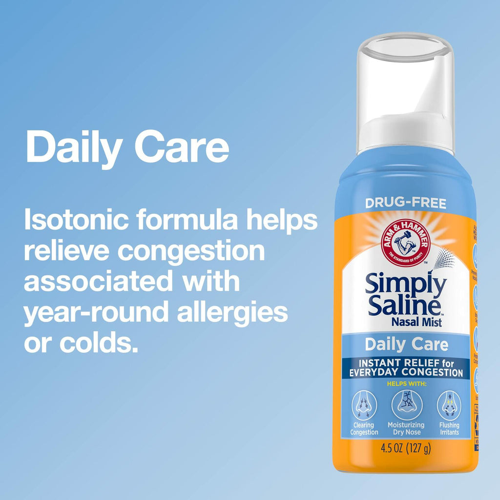 Arm & Hammer Simply Saline Daily Care Nasal Mist 4.4oz, Saline Nasal Spray, Drug-Free, 3-Pack