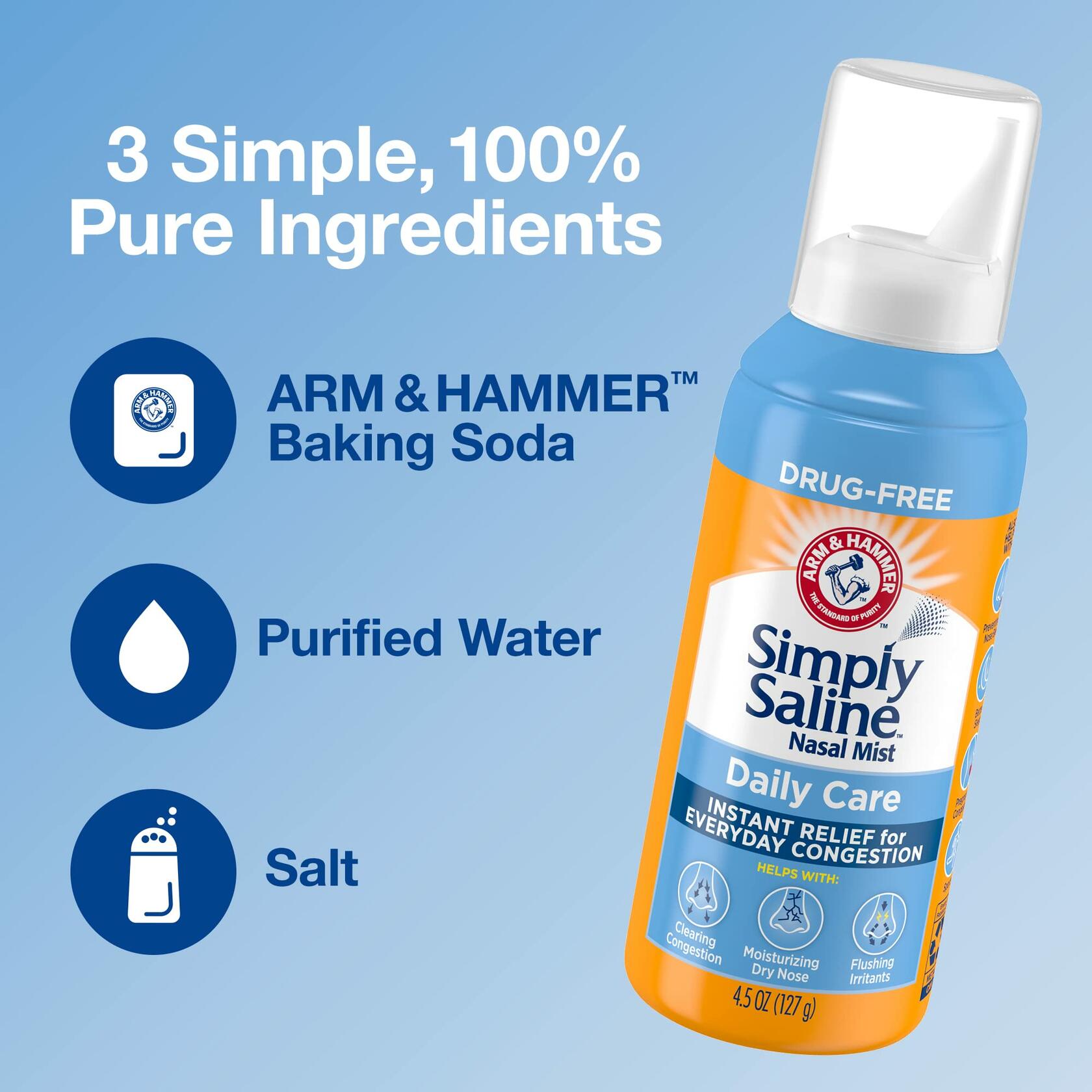 Arm & Hammer Simply Saline Daily Care Nasal Mist 4.4oz, Saline Nasal Spray, Drug-Free, 3-Pack