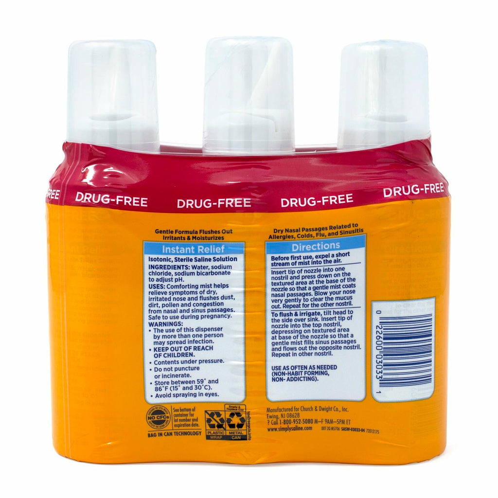 Arm & Hammer Simply Saline Nasal Relief Mist Spray- Giant Size - 4.5 Ounce (Pack of 3)