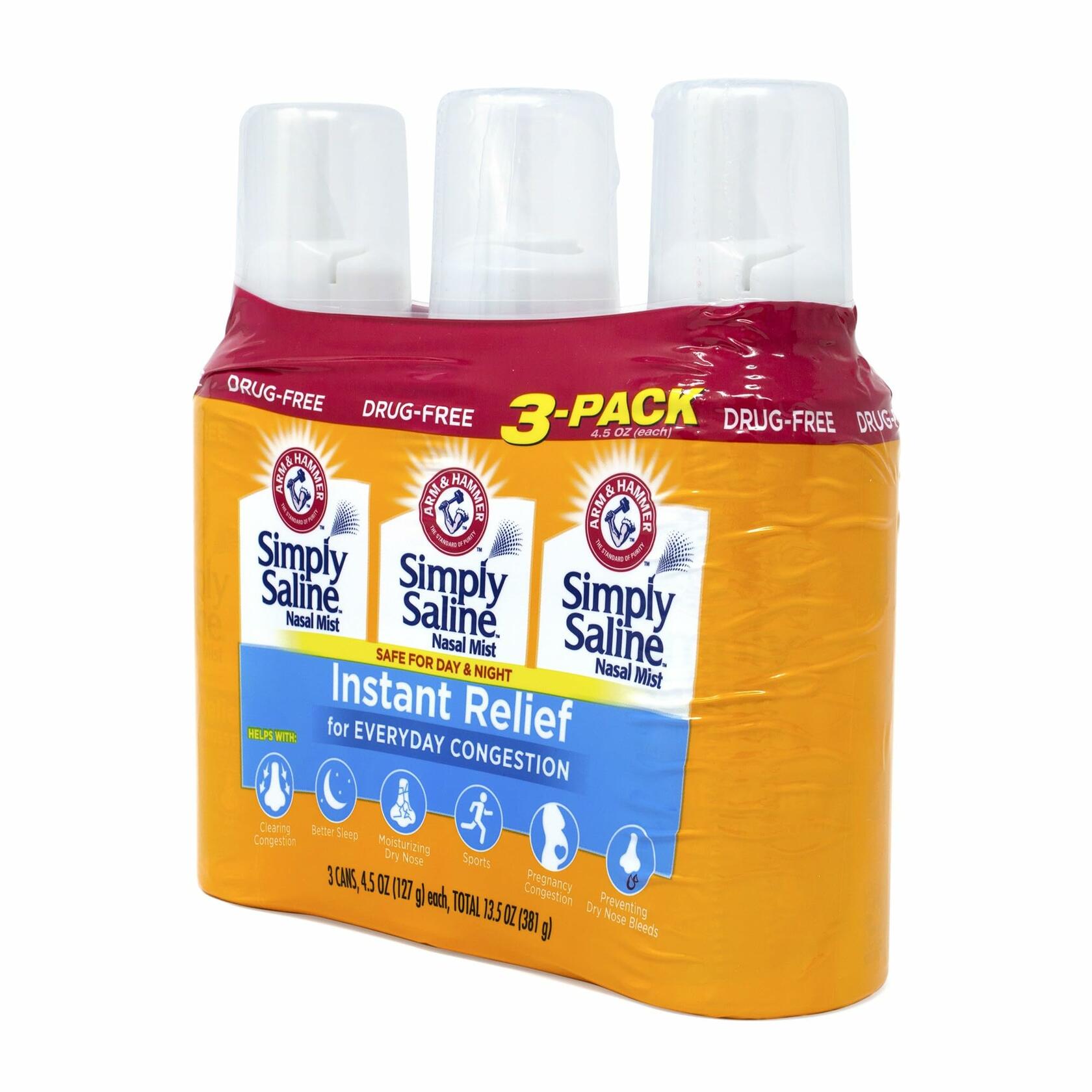 Arm & Hammer Simply Saline Nasal Relief Mist Spray- Giant Size - 4.5 Ounce (Pack of 3)