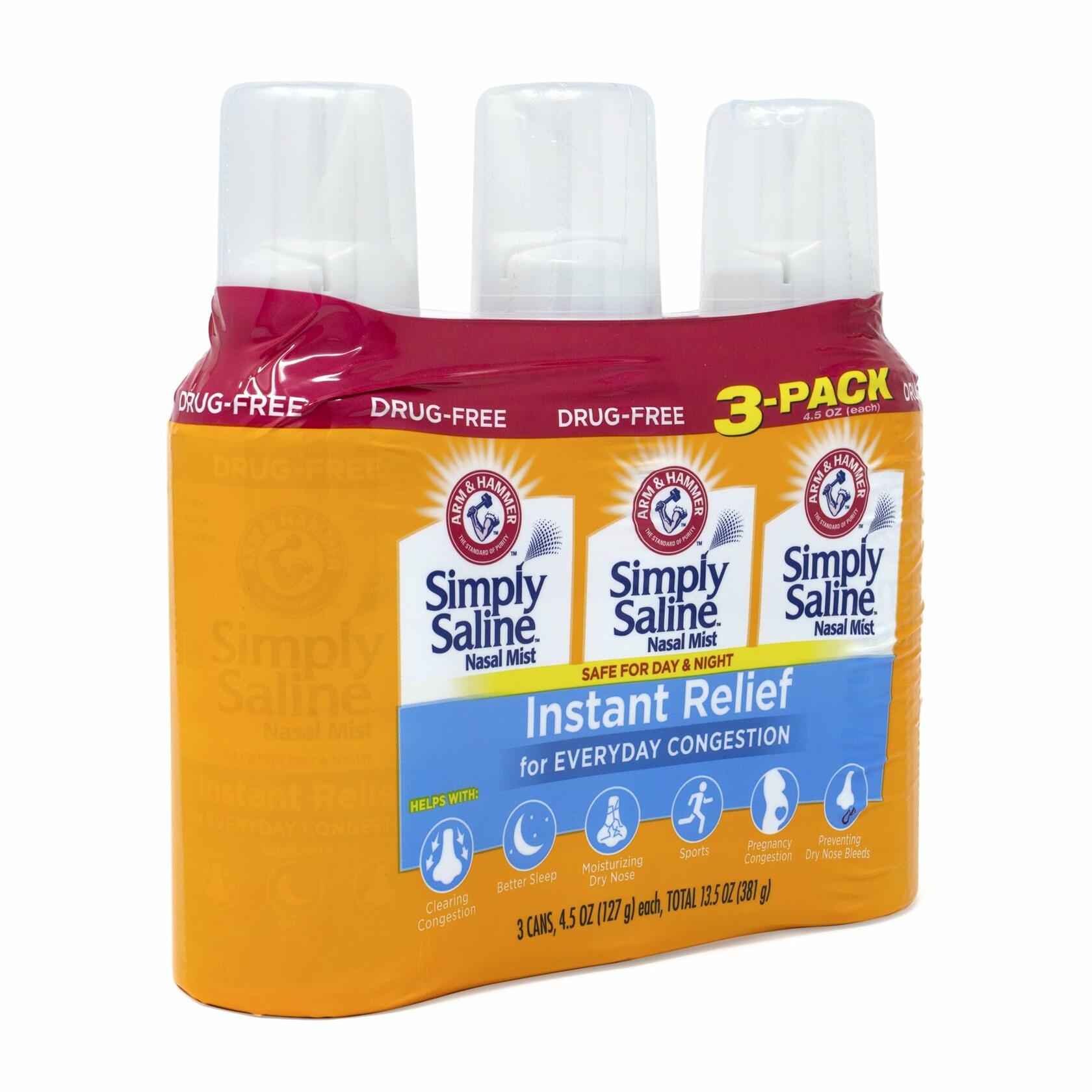 Arm & Hammer Simply Saline Nasal Relief Mist Spray- Giant Size - 4.5 Ounce (Pack of 3)