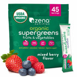 Zena Nutrition Organic Super Greens Powder, 70+ Superfoods, 0 Sugar, 5G Fiber, Spirulina, Chlorella, Antioxidants, Prebiotics/Probiotics, Digestive Enzymes, Mixed Berry, 45 Drink Mix Packets