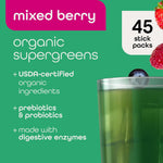 Zena Nutrition Organic Super Greens Powder, 70+ Superfoods, 0 Sugar, 5G Fiber, Spirulina, Chlorella, Antioxidants, Prebiotics/Probiotics, Digestive Enzymes, Mixed Berry, 45 Drink Mix Packets