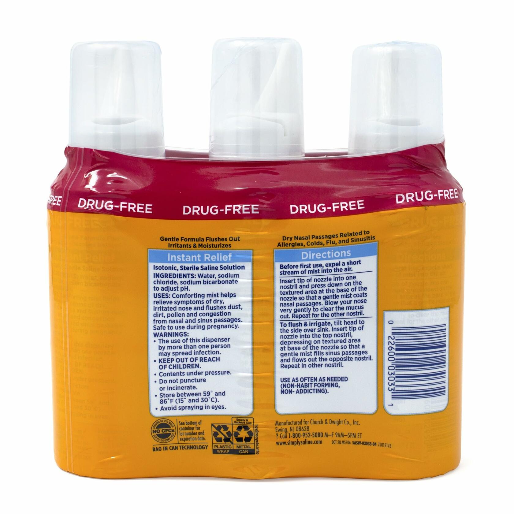 Arm & Hammer Simply Saline Nasal Relief Mist Spray- Giant Size - 4.5 Ounce (Pack of 3)