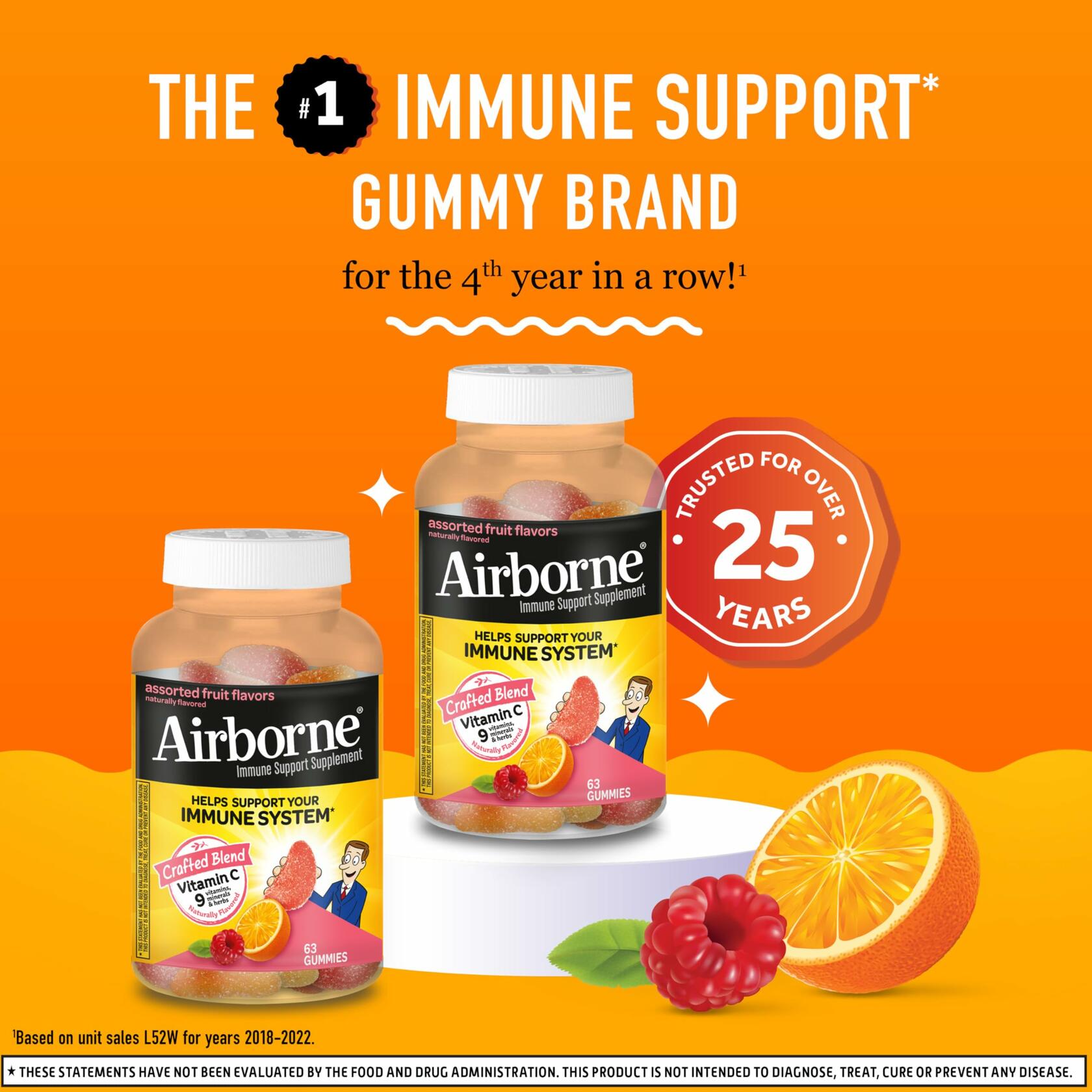 Airborne 750mg Vitamin C Gummies for Adults, Immune Support Gummies with Powerful Antioxidants VIT C & E, Caffeine Free - 2x63ct Bottle (42 Servings), Assorted Fruit Flavor