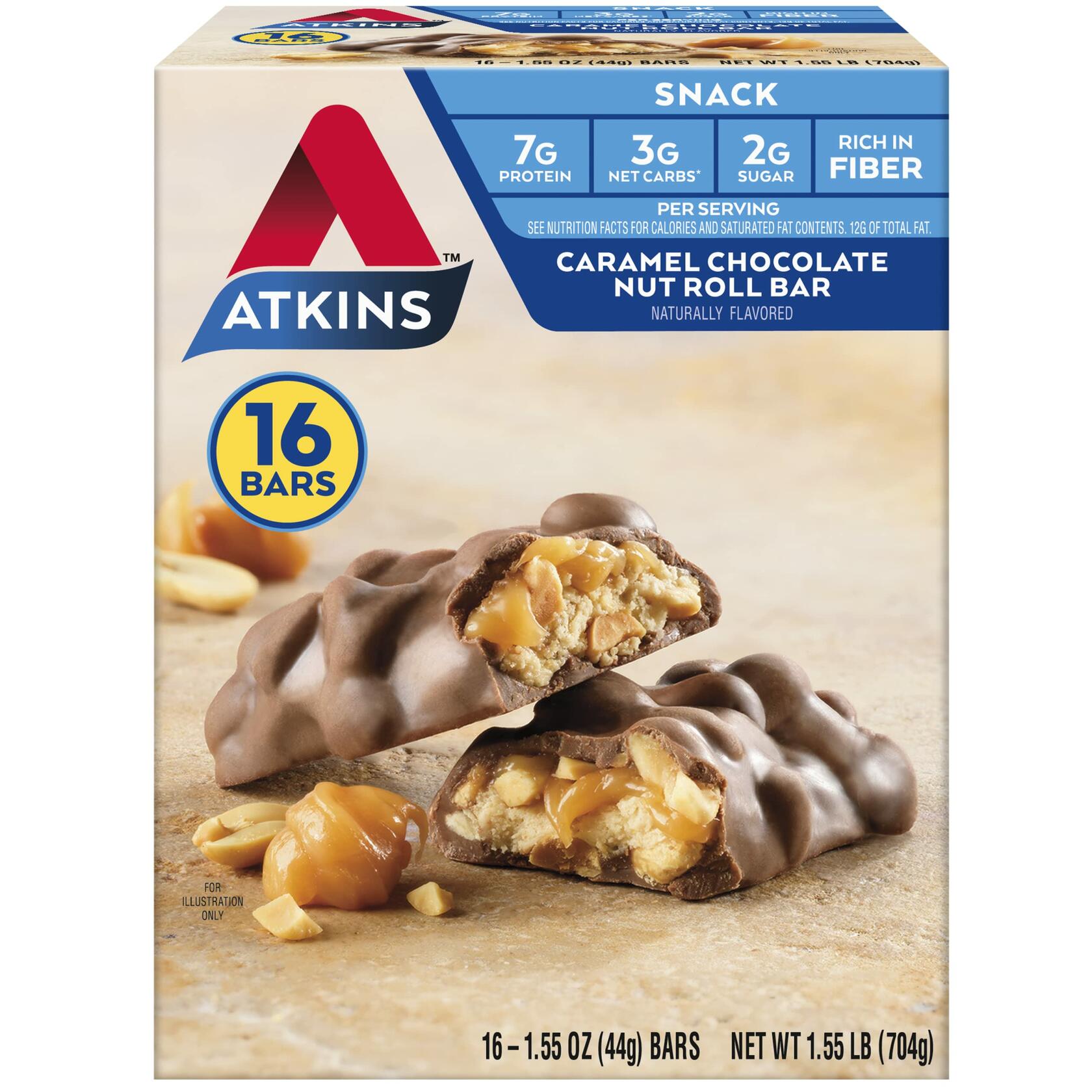 Atkins Caramel Chocolate Nut Roll Snack Bar, Protein Snack , 7g Protein, 2g Sugar, Rich in Fiber, 16 Count