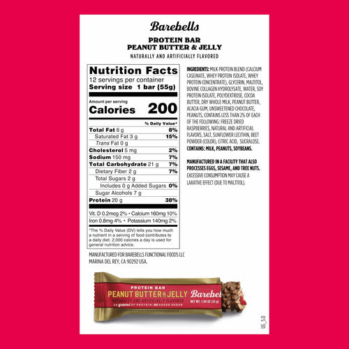 Barebells Protein Bar Peanut Butter & Jelly – 12 Count, 20g Protein, 0g added sugar, High Protein Snack, Soft Texture – 1.94 oz (55g)